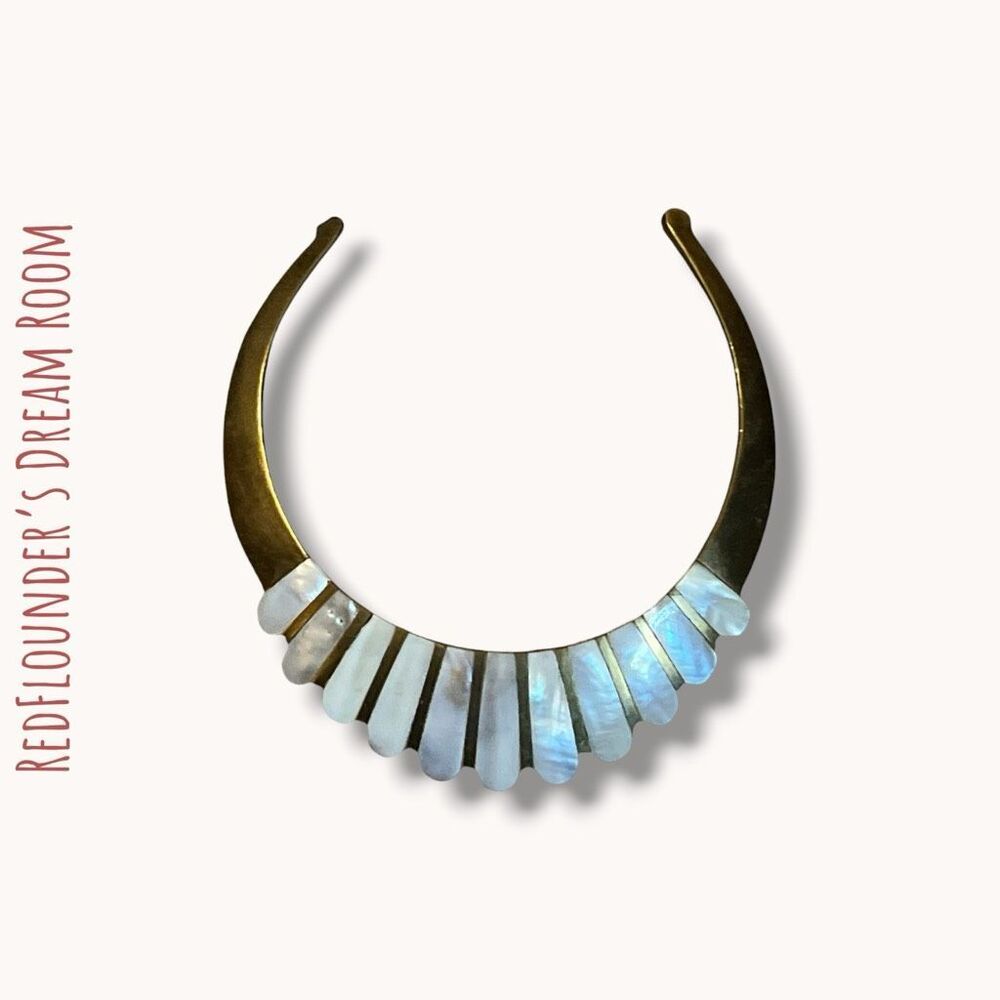 Mother of Pearl Brass Tone Collar Necklace Southwest Small Neck